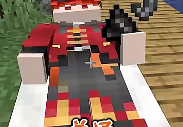 マイクラのベッドに赤い服の山田さんが横になっている場面
