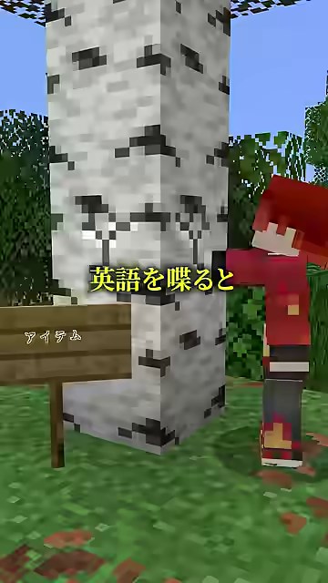 マイクラの白樺の横に赤い服の山田が立ち、英語を喋るとの黄色い字幕が出る場面