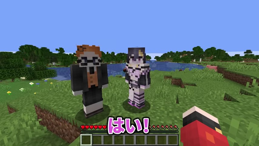 マイクラの草原でみつおとゆうちびさんが並び、山田さんの視点から5年後の話を始める場面