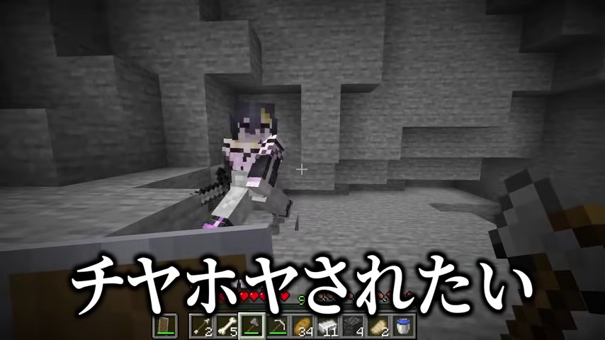洞窟にゆうちびさんが立ち、チヤホヤされたいという字幕が出る場面