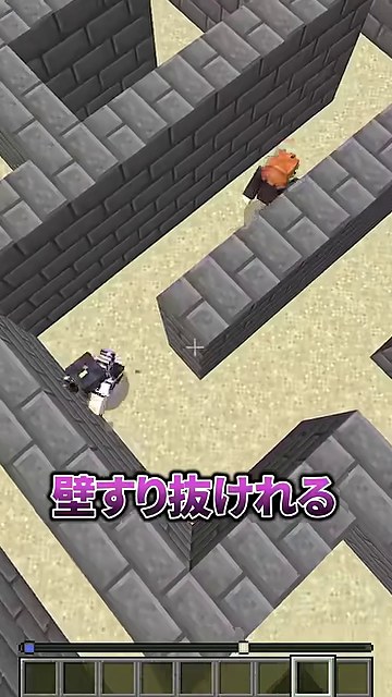 マイクラの迷路の石壁の両側にみつおとゆうちびが立ち、壁すり抜けれると字幕が出る縦画面