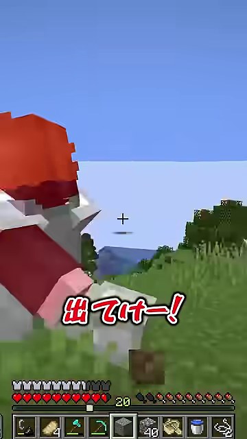 マイクラで赤い服の山田が草地を走り、出てけーという字幕が表示される縦画面