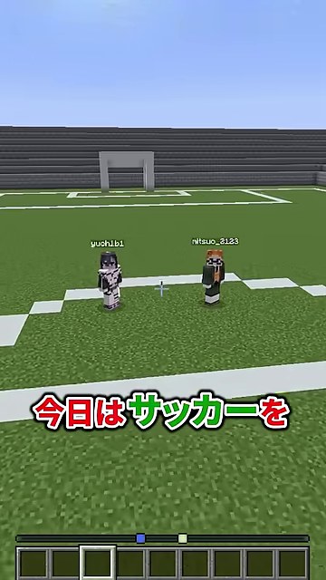 マイクラのサッカーコートに、ゆうちびさんとオレンジ髪のみつおさんが並び、奥にゴールが見える場面