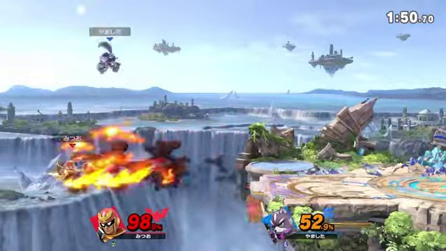 スマブラのステージ端でみつおのキャプテン・ファルコンが炎をまとって復帰する場面