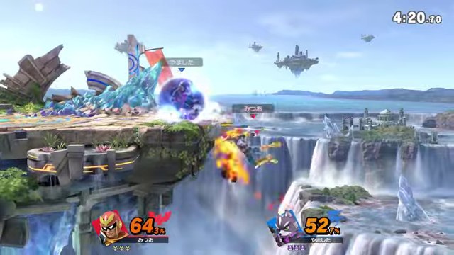 スマブラの浮遊ステージの外でみつおのキャプテン・ファルコンが復帰しようとする場面