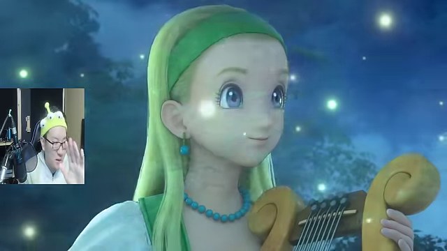 ドラゴンクエストXIの緑髪の登場人物と、左下で画面を見つめるみつおの配信映像