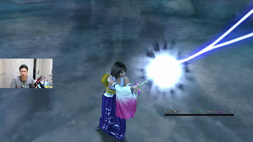 FINAL FANTASY Xの雪原でユウナが光る魔法を放ち、左下にみつおの配信映像が映る場面