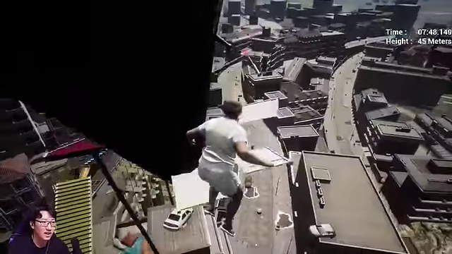 MAD WAYでみつおの操作キャラが街を見下ろす屋上から次の足場へ飛び移ろうとする画面