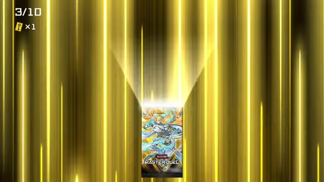 遊戯王マスターデュエルで3/10と表示されたパックが金色の光に包まれている場面