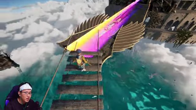ONLY UP!の空中にある船のような建物とカラフルな足場に向かう場面