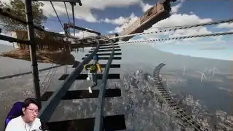 空に浮かぶ線路を走り、遠くの車両へ向かうキャラクター