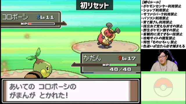 初リセットの章でコロボーシの『がまんが とかれた!』と、かだんの体力48/48が映る場面