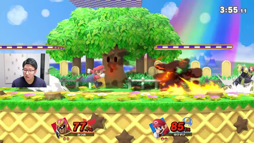 スマブラSPの対戦で、ファルコンがマリオの前を地上移動する場面