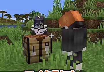 マイクラの作業台のそばに女性キャラとオレンジ髪のキャラが並ぶ場面