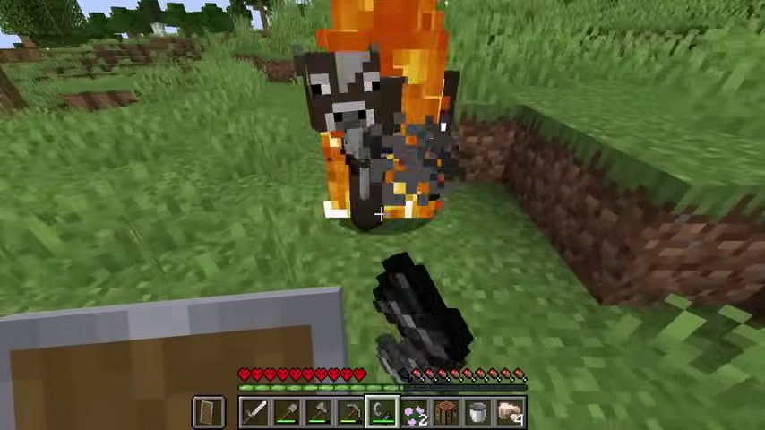 マインクラフトの草原で、火打石を手にした視点の前に燃える牛が立つ場面
