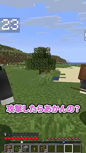 マイクラの草地に『攻撃したらあかんの?』と字幕が出る場面