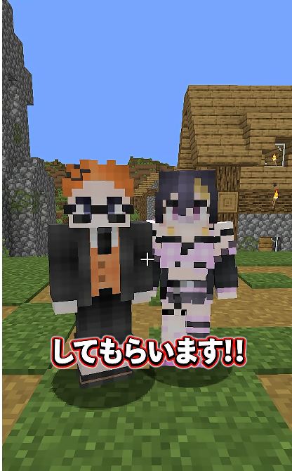村の中に二人が立ち『してもらいます!!』の字幕が出る場面