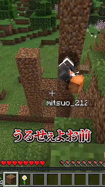 土の柱の横で通常と異なる向きにいるオレンジ髪のみつお