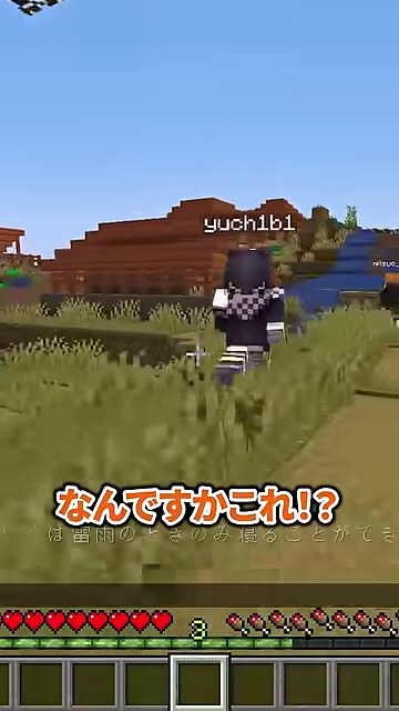 マイクラの村を走るゆうちびさんに、なんですかこれという字幕が出る場面