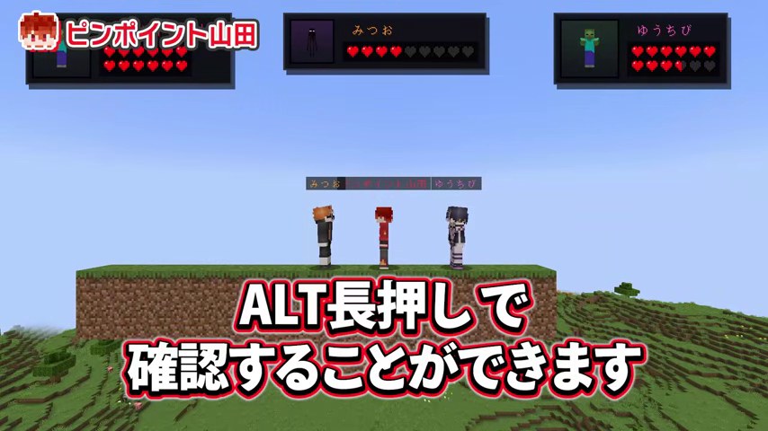 山田さん、みつお、ゆうちびさんのキャラクターが並び、ALT長押しで技表を確認できると表示される場面