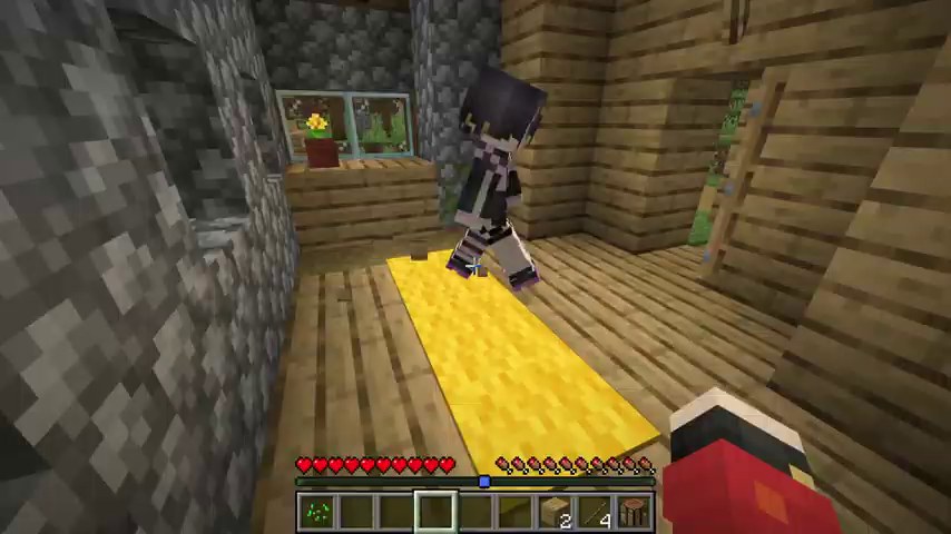 マインクラフトの小さな村の家で、黄色い床を見ながら会場を考える山田とゆうちびの場面