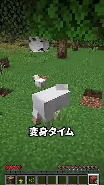 マイクラの森で羊と鶏が映り、変身タイムという字幕が出る場面