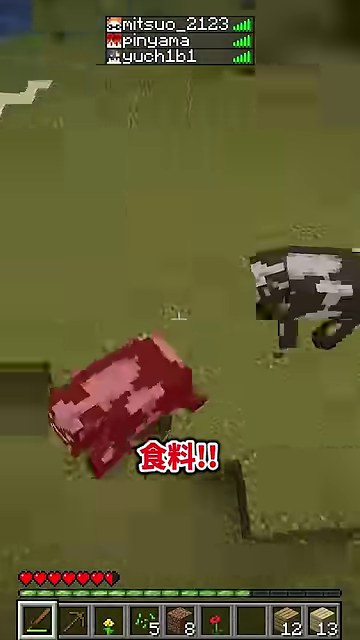 マイクラの平原に牛が2頭いて食料という字幕が出る場面