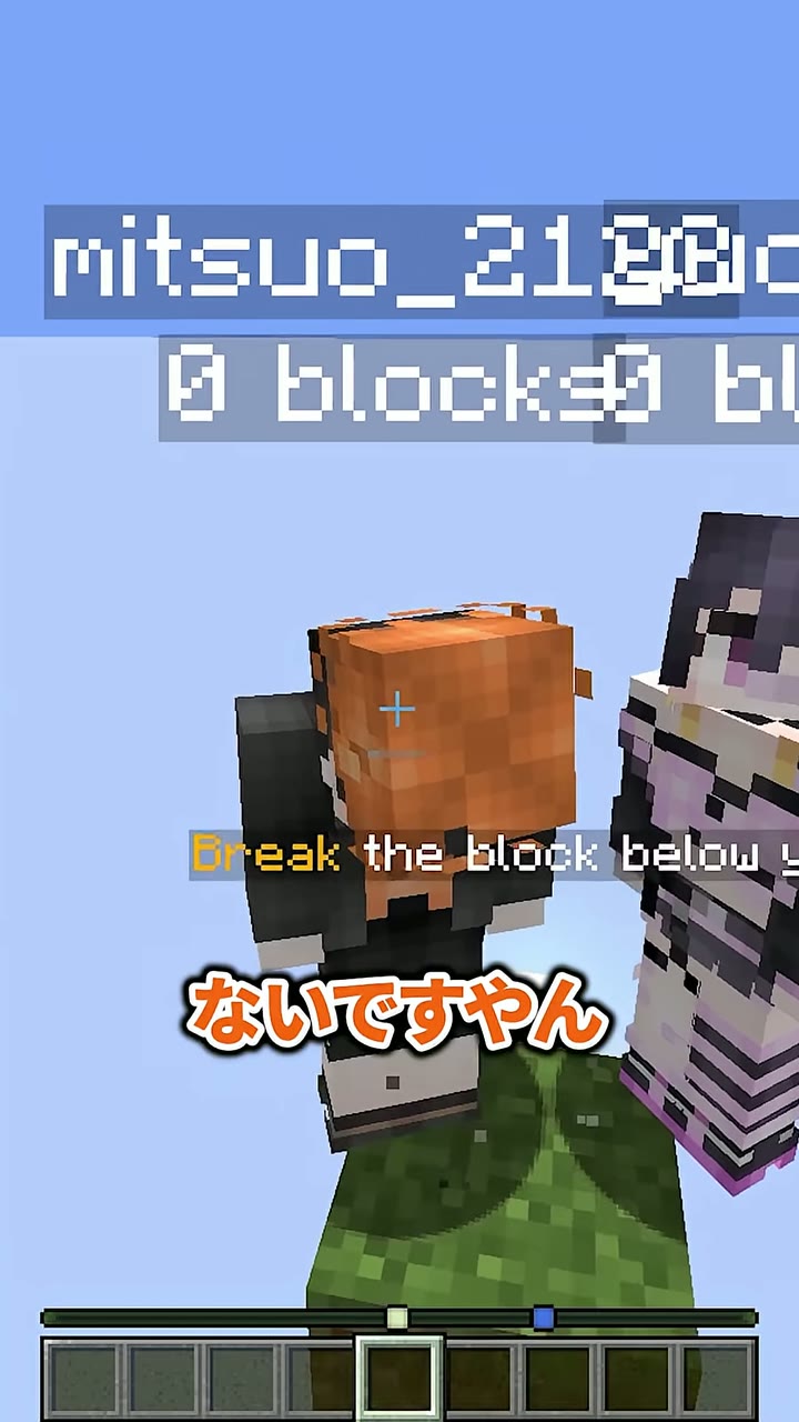 空中の草ブロック１個に立つみつおとゆうちび