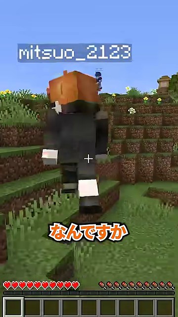 丘を歩くオレンジ髪のみつおと『なんですか』の字幕