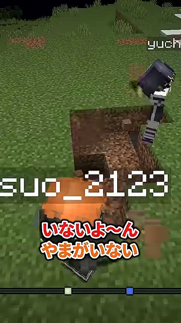 マイクラの穴のそばにみつおとゆうちびさんがおり『やまがいない』と字幕が出る場面