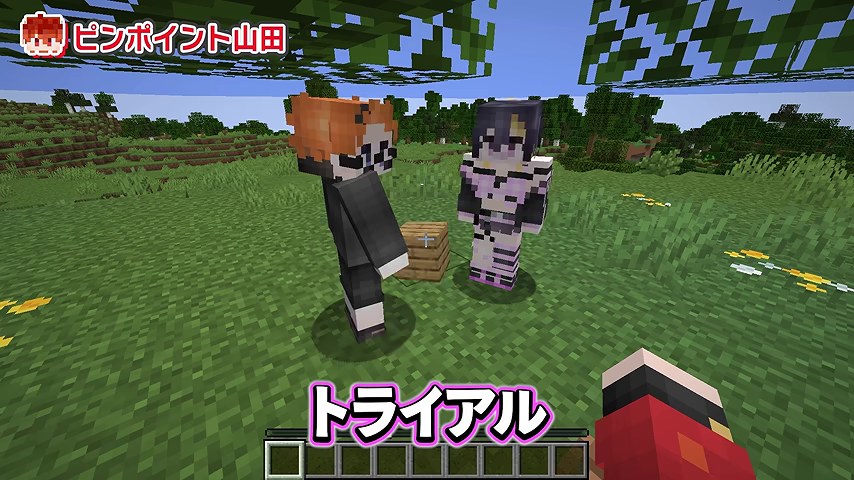 オレンジ髪のみつおと女性キャラのゆうちびが草原で向き合い、トライアルの字幕が出る場面