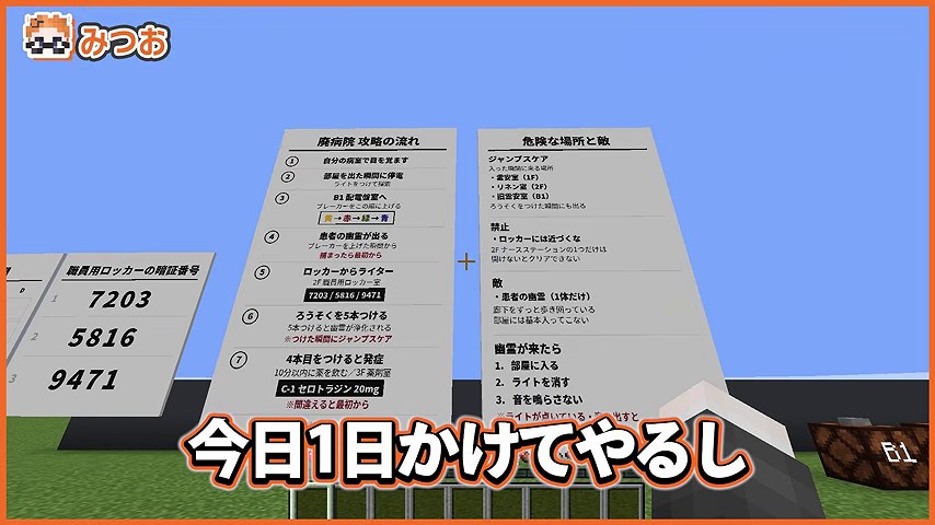 ピンポイント団のホラゲードッキリ。みつお視点で二枚の攻略メモを見上げ、『今日1日かけてやるし』の字幕が出る場面