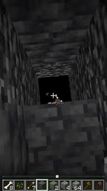 マイクラの石を深く掘った縦穴を上から見下ろす場面