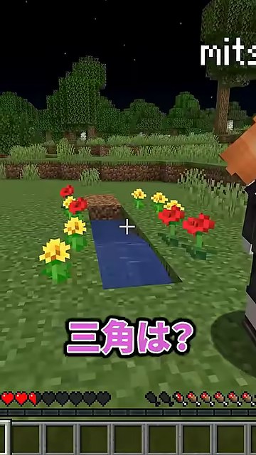 花に囲まれた水の形を見ながら『三角は？』と話す場面