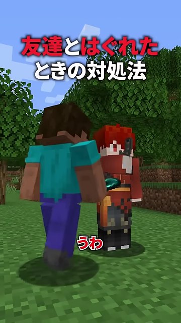 マイクラの森で赤い服の山田さんと友達役のキャラが向き合う場面