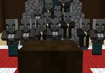 森の洋館の室内で多数のマイクラのモブがスティーブの正面に並ぶ場面