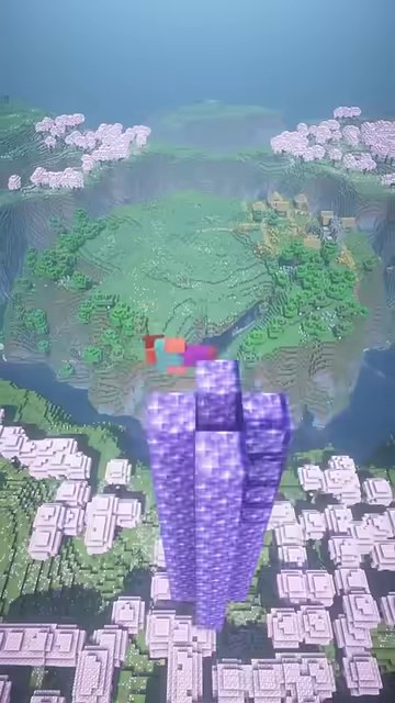 マイクラの桜の森と池を上から見下ろし、手前に高いアメジストの塔と赤い服の山田が映る縦画面