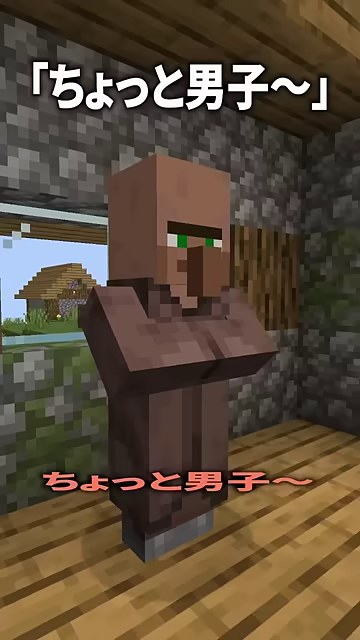 マイクラの家に立つ村人と、ちょっと男子~という字幕