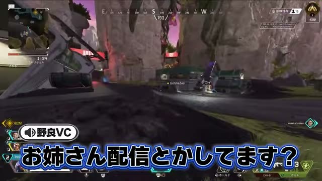 APEXの岩場を進む画面に、野良VCの「お姉さん配信とかしてます?」の字幕が出る場面