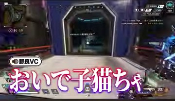 APEXの通路の画面に野良VCの『おいで子猫ちゃん』というピンク色の字幕が映る場面