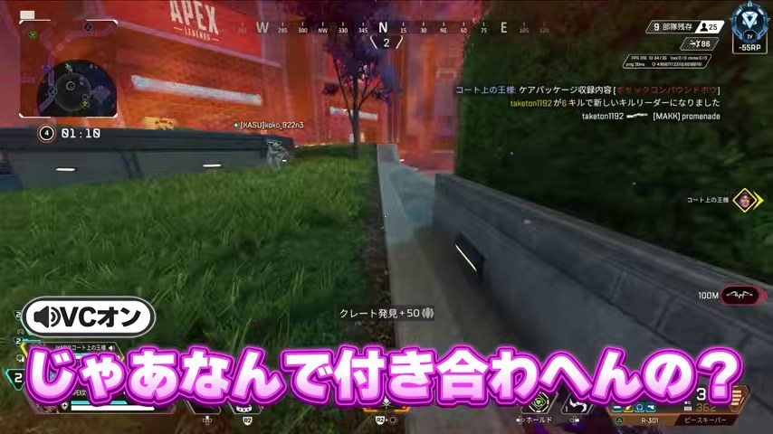 Apexの屋外画面にじゃあなんで付き合わへんのという字幕
