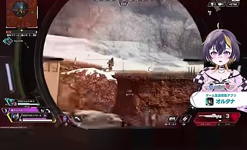 APEXの雪原をクレーバーのスコープ越しに狙い、右にゆうちびのキャラクターが映る場面
