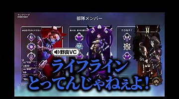 過去のAPEXキャラクター選択画面で、野良VCの『ライフラインとってんじゃねぇよ!』の字幕が映る場面