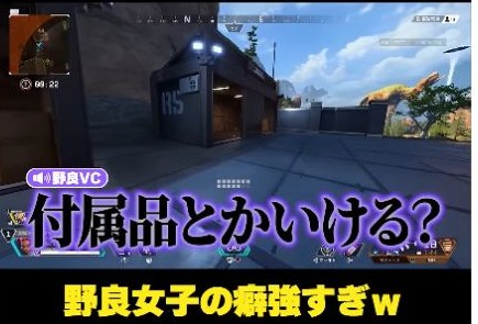 Apexの試合画面に『付属品とかいける?』の字幕が映る場面