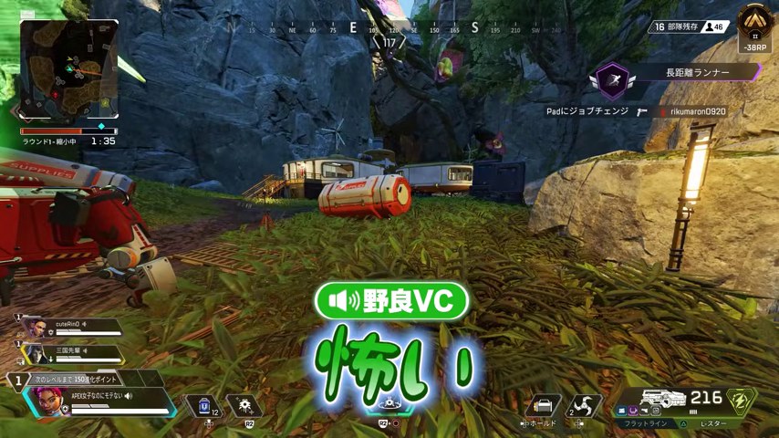 Apexで仲間が移動する画面に怖いという野良VCの字幕が出る場面