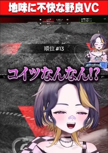 APEXの順位13位の画面と『コイツなんなん!?』という紫色の字幕、笑うゆうちびさんのアバター