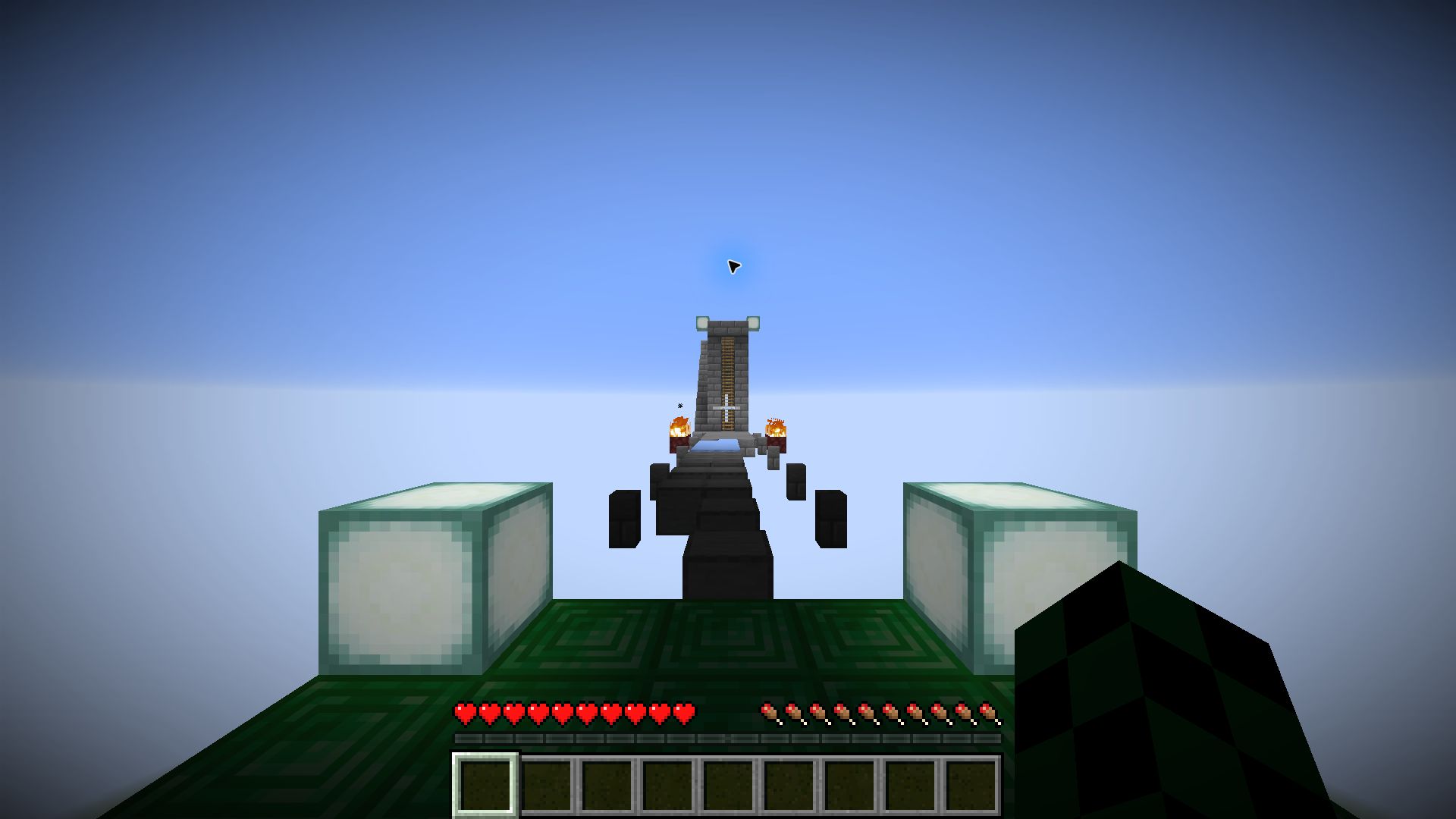 Java版Minecraftのエメラルドのスタート台から石の足場と奥のはしごを見た実ゲーム画面